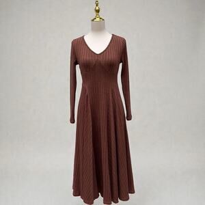 Halara Dress Sz Sm Ribbed Knit Flare Long Sleeve Flowy Casual Brown Minimalist